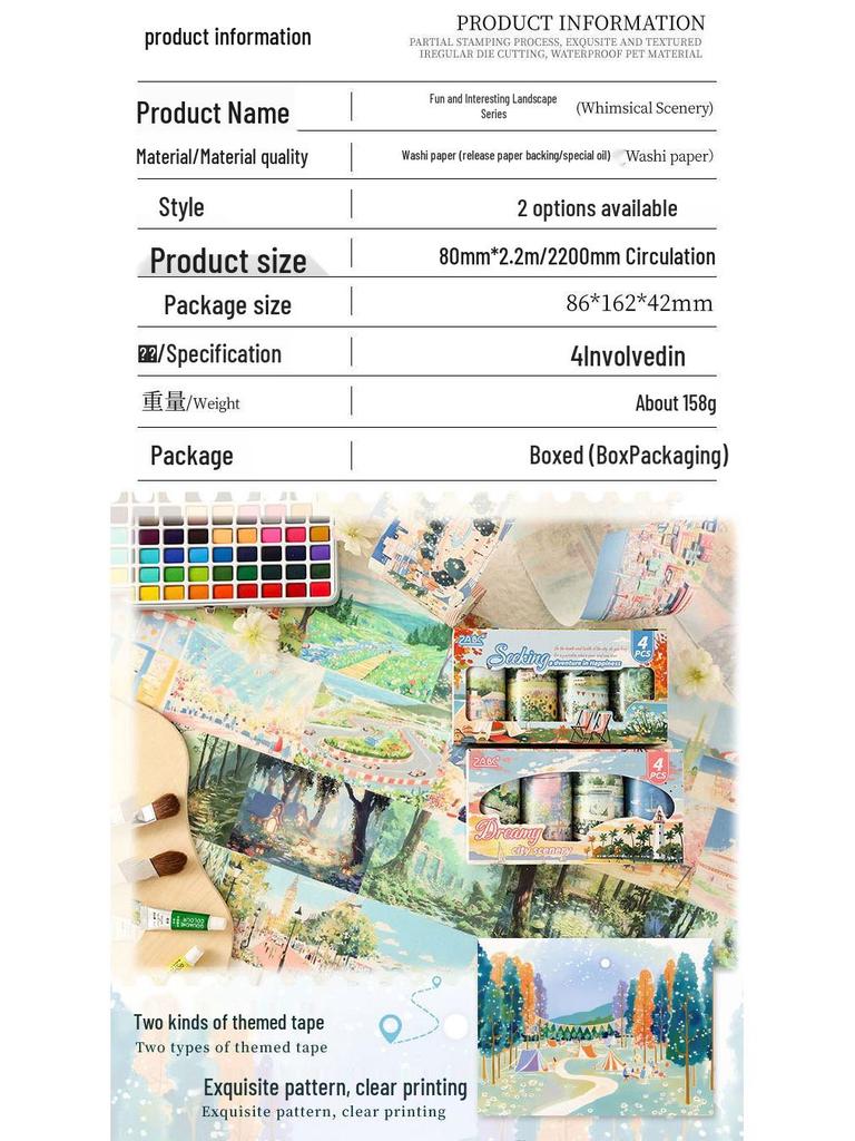 ZABC Landscape Series Adhesive Tape Set: DIY Journal Decoration, 2 Styles, 4 Rolls Included.