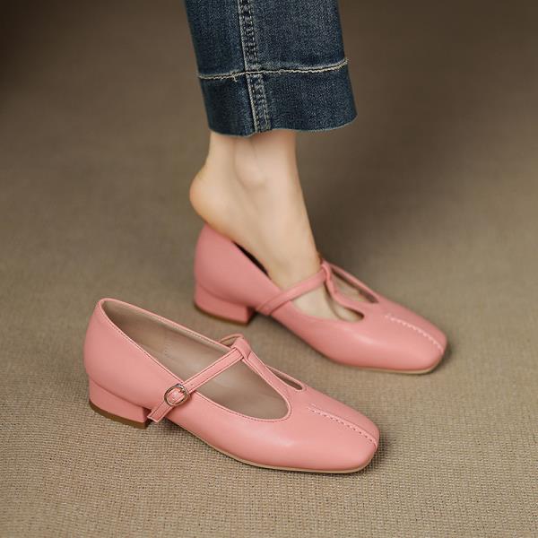 Fashion Casual Woman Shoe Low Heels Square Toe Female Footwear Summer New Dress On Heels Mary Janes PU Leisure Solid TPR Buckle Strap
