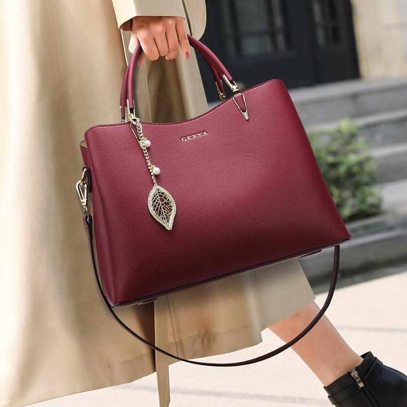 Women's Handbag New Fashionable and Simple Middle-aged Mother Bag, Large Capacity Multi Compartment Soft Leather Commuting Bag