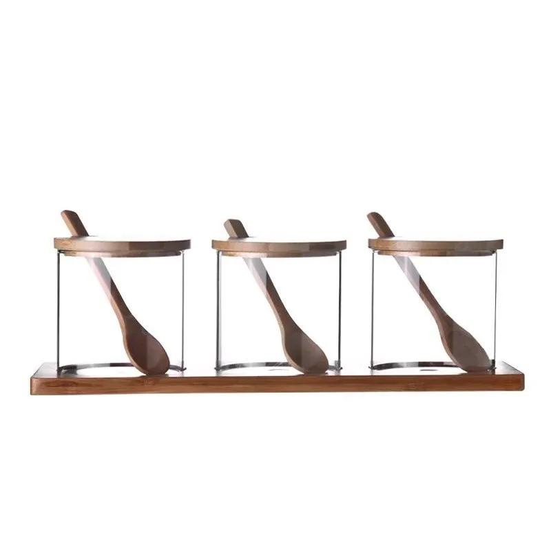 JUSTINLAU Küche Glas Gewürzbehälter Set Würze Gewürz Salz Behälter Holzdeckel mit Tablett Löffel Staubdicht Kaffeebohnen Organizer