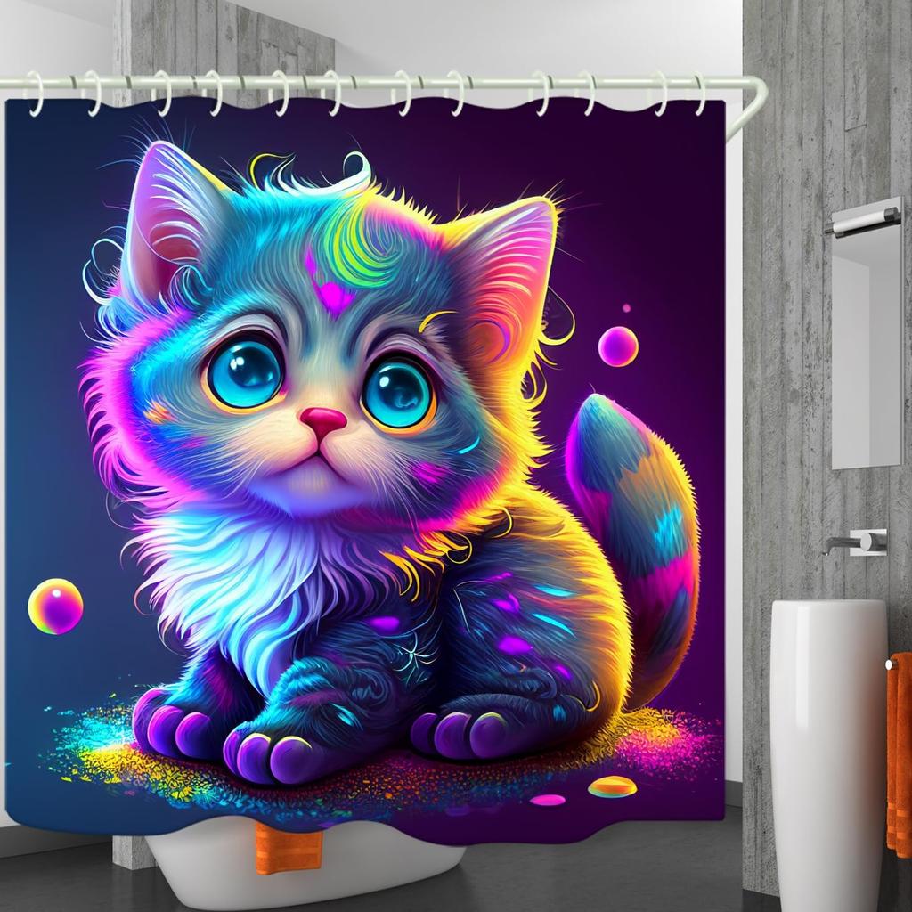 Bathroom with Colorful Cat 3D Shower Curtain, Deluxe Bathtub Standard Shower Curtain, Waterproof and Bright Fabric Shower Curtai