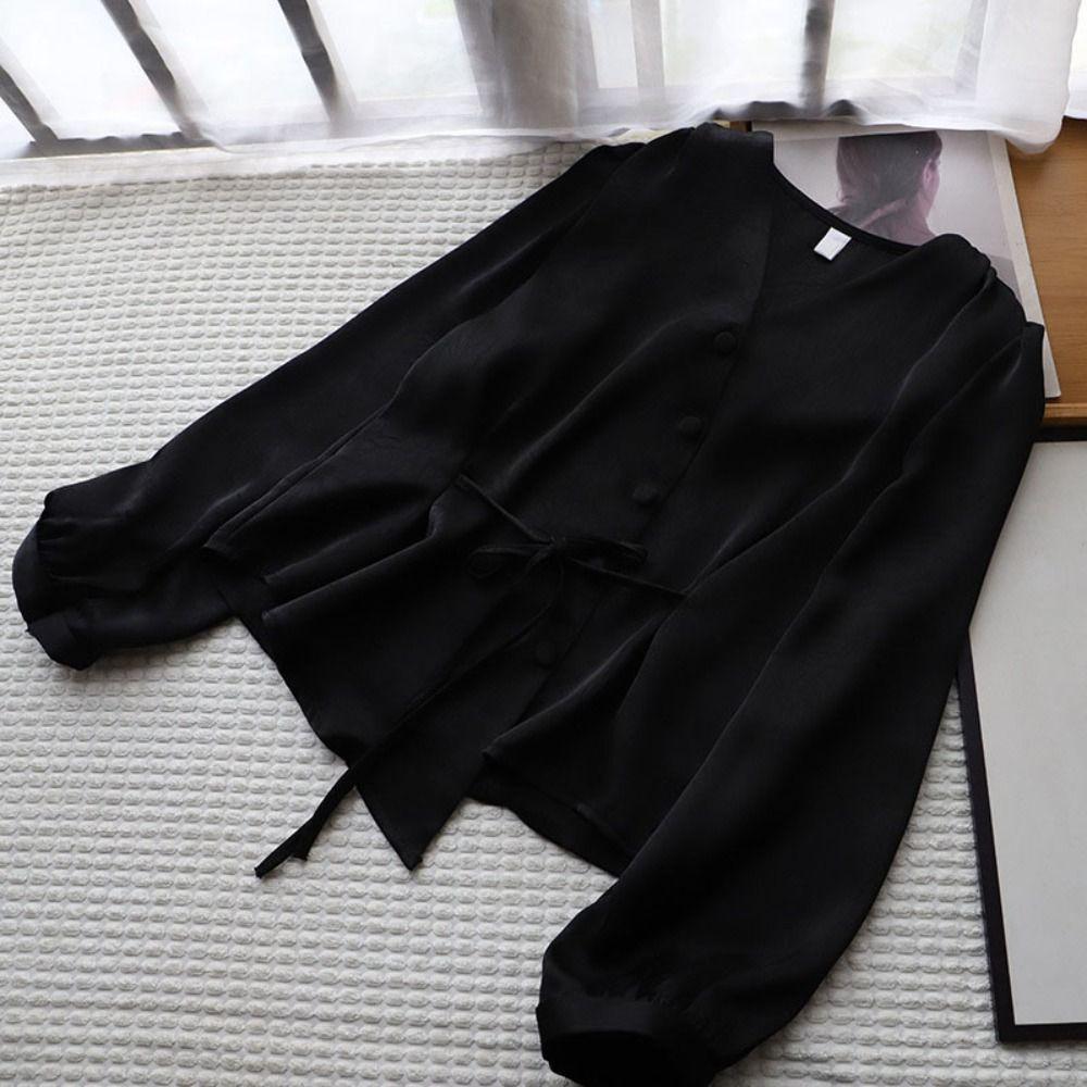 Slim Fit Long Sleeve Shirts V-neck Office Ladies Tops Fashion Button Up Blouse  Office