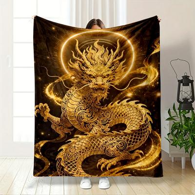 A Radiant Golden Dragon with Intricate Details and Swirling Patterns. for All Seasons Blanket Lunch Break Throw Gift