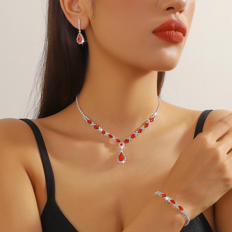 European & American Fashion Blue Crystal Necklace, Earrings & Bracelet Set - Hot Selling Three-Piece Full Diamond Design