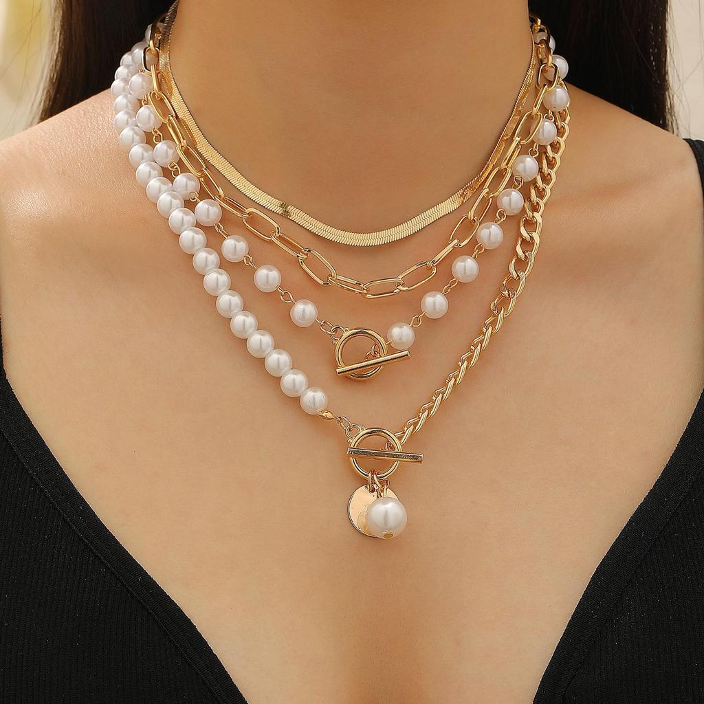 Vintage Style Pearl Bead Layered Necklace with OT Buckle