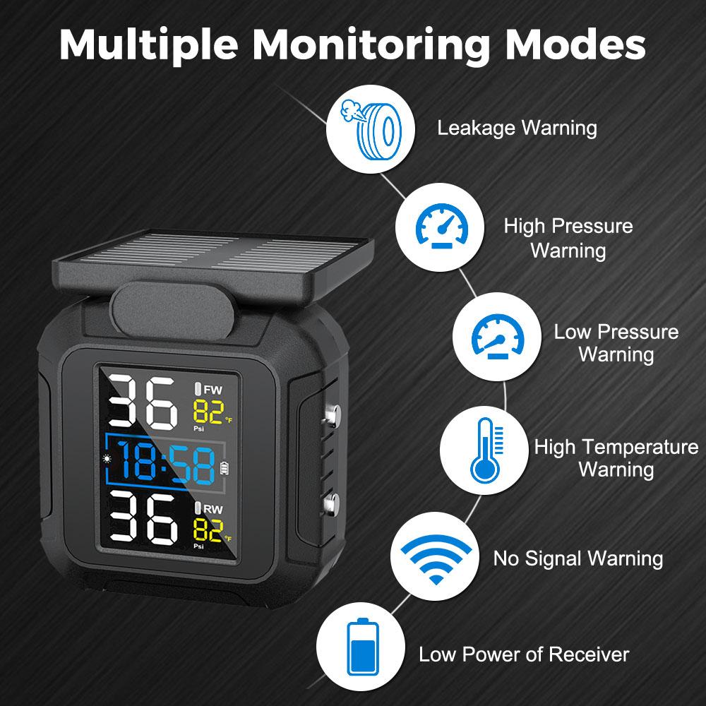 Motocyklový TPMS Moto Systémy alarmu pneumatik Solární energie Reálný čas Se 2 externími senzory Systém monitorování tlaku v pneumatikách Teplotní alarm