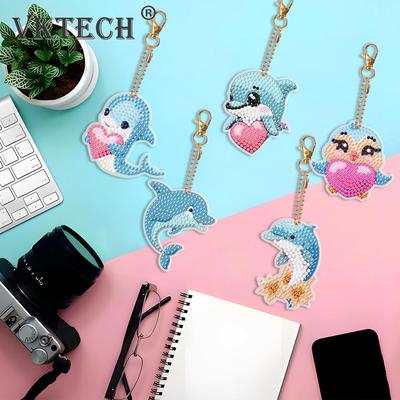 5pcs Double Sided Diamond Painting Keychain Special-shaped Drill Art Craft DIY Rhinestone Keyring Hanging Ornaments Gift