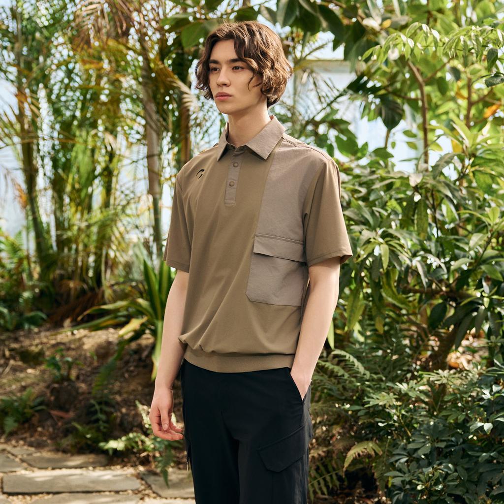 CHALLENGER Men'S Woven Detail Blouson Collared Short Sleeve T-Shirt Beige