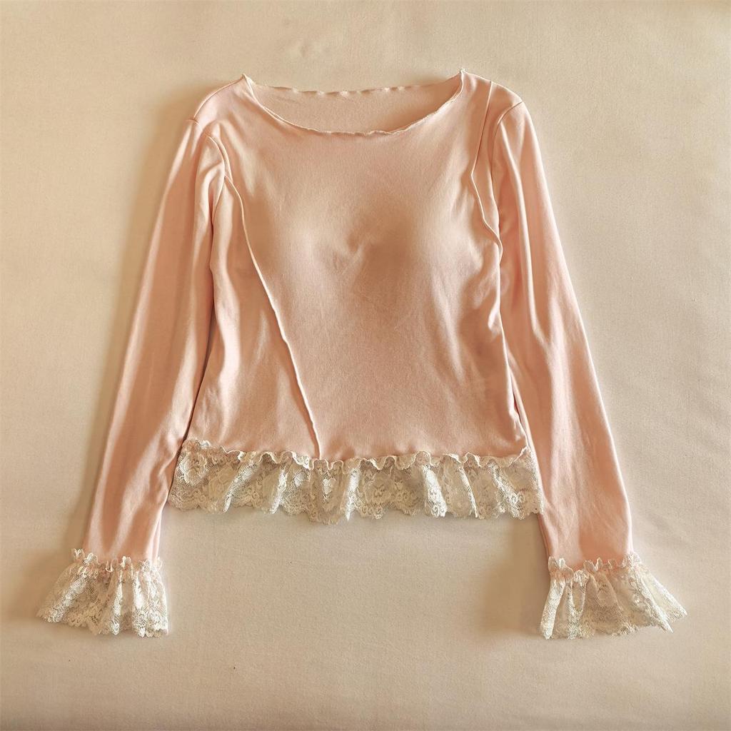 Women's Lace-Trim Pajama Set with Chest Pads - Long Sleeve & Pants, Sweet Influencer Style, Cotton Homewear for All Seasons