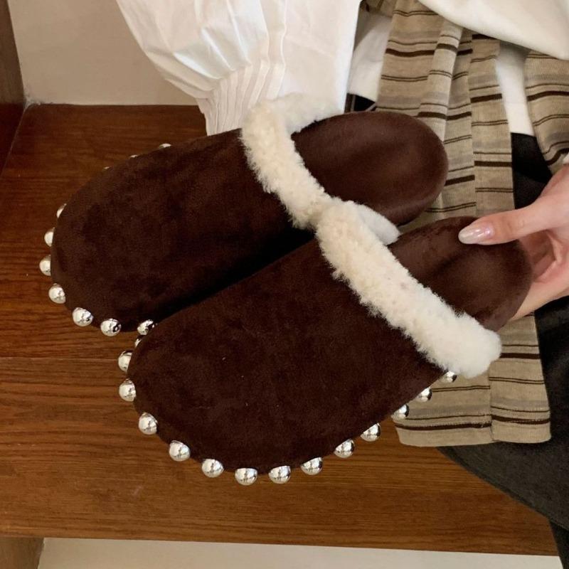 Fashion Fashion String Bead Decorative Slippers for Women High-Quality Faux Suede Designer Shoes Winter Warm Fluffy Home Cotton Slippers