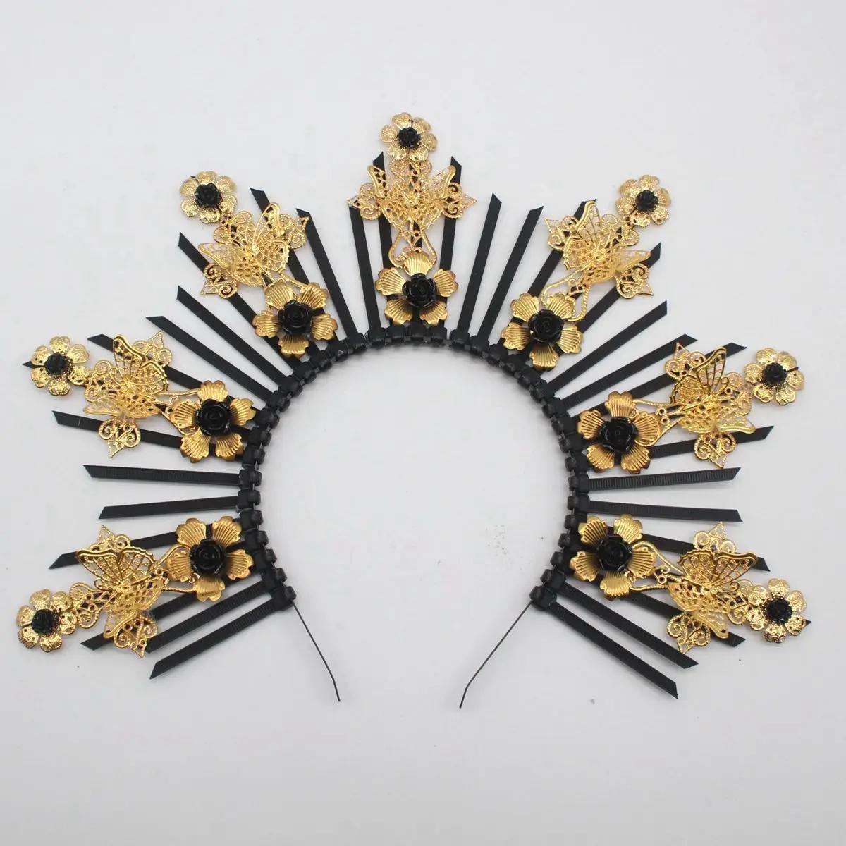 

Lolita Gothic Flower Halo Crown Headpiece Women Sun Goddess Baroque Angel Butterfly Cross Crown Headband Finished Product