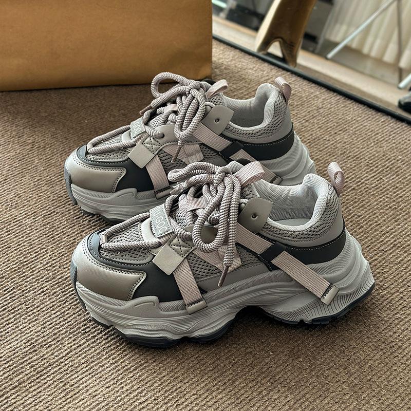 New versatile explosion 2025 spring and autumn season small man height increase casual women's shoes mesh dad shoes women's muffin thick sole