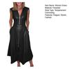Women's Faux Leather Front Zip Long Dress V Neck Sleeveless Smocked High Waist Pleated
