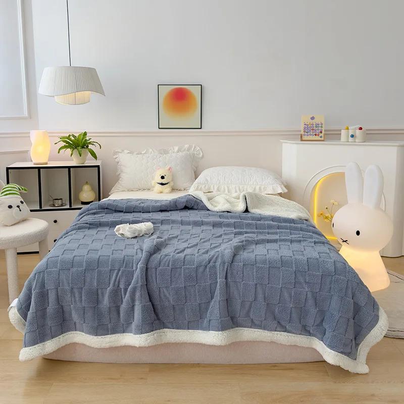 Checkerboard Faux Lamb Fleece Double Sided Blanket Soft Cozy Sofa Cover For Napping Multi-Purpose Machine Washable Bed Sheets
