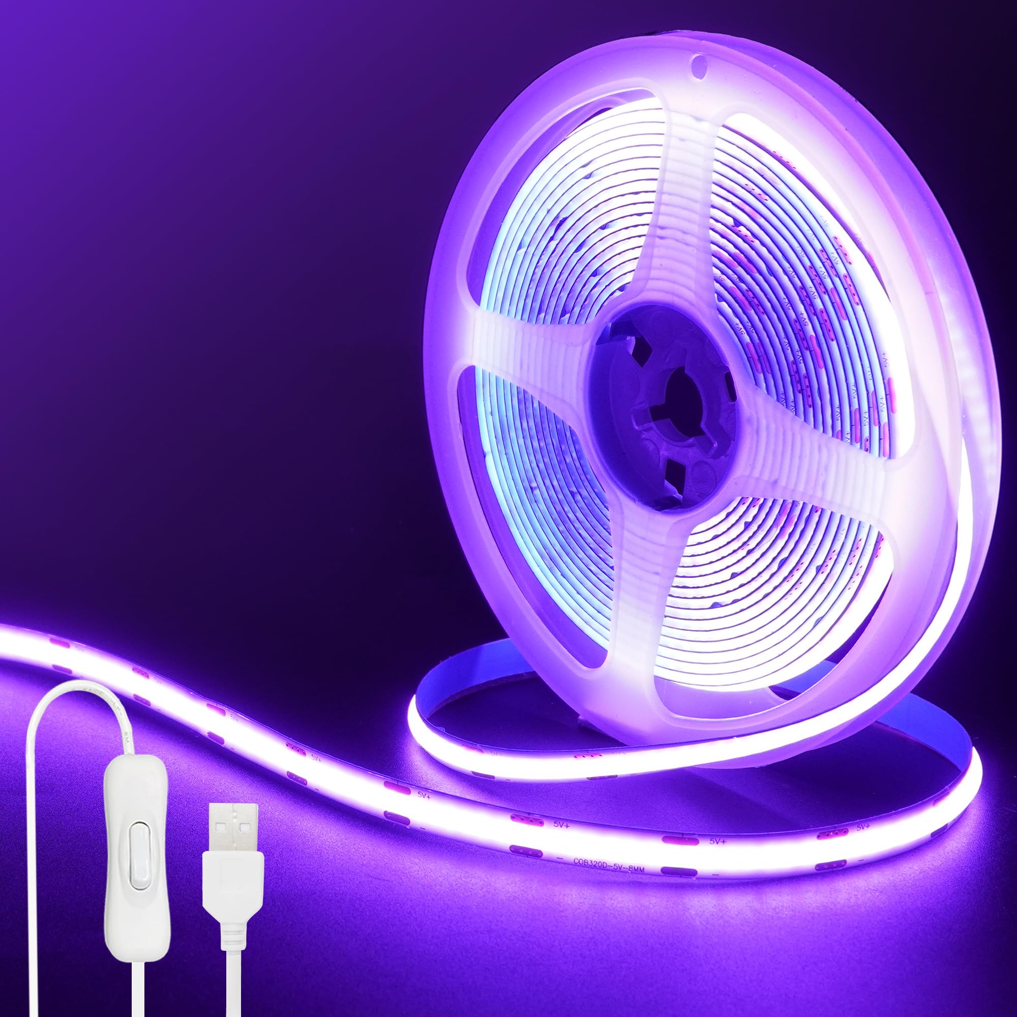 

Clearhill 5V COB LED Strip Light with Switch, 3M Purple, 320 LEDsm, 3.5Wm, 8mm Wide, Non-Waterproof IP20, 1M USB (OnOff) Switch Cable, 22AWG, for DIY