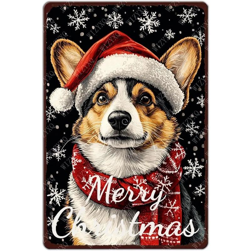 Винтажная металлическая жестяная табличка Corgi Christmas Panel  Счастливого Рождества  Декор
