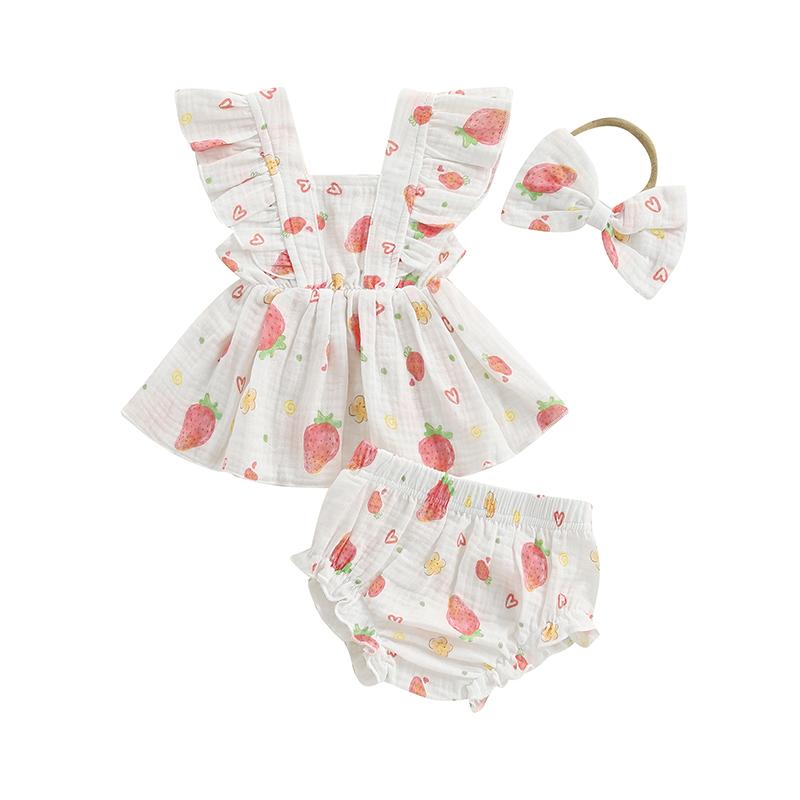 Newborn Baby Girl Summer Outfits Strawberry/Cherry/Lemon Print Fly Sleeve Tops Elastic Waist Shorts Headband 3Pcs Clothes Sets
