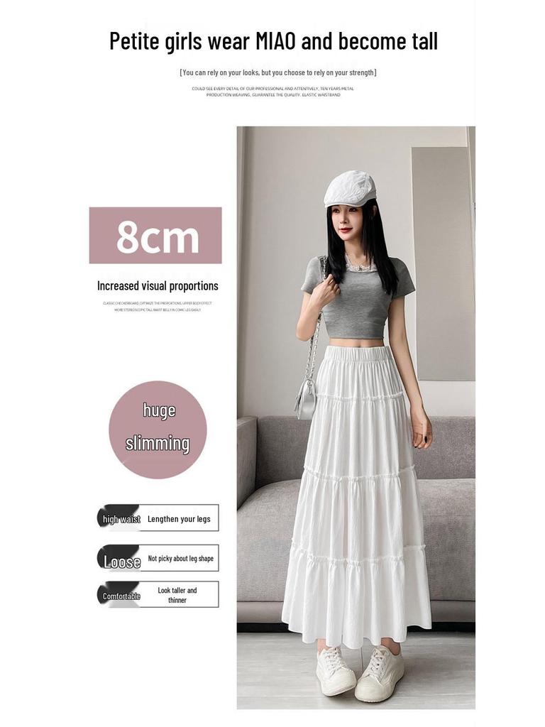 Korean Style Puffy White A-Line Skirt for Women - High Waist, Mid-Length, Spring/Summer 2025