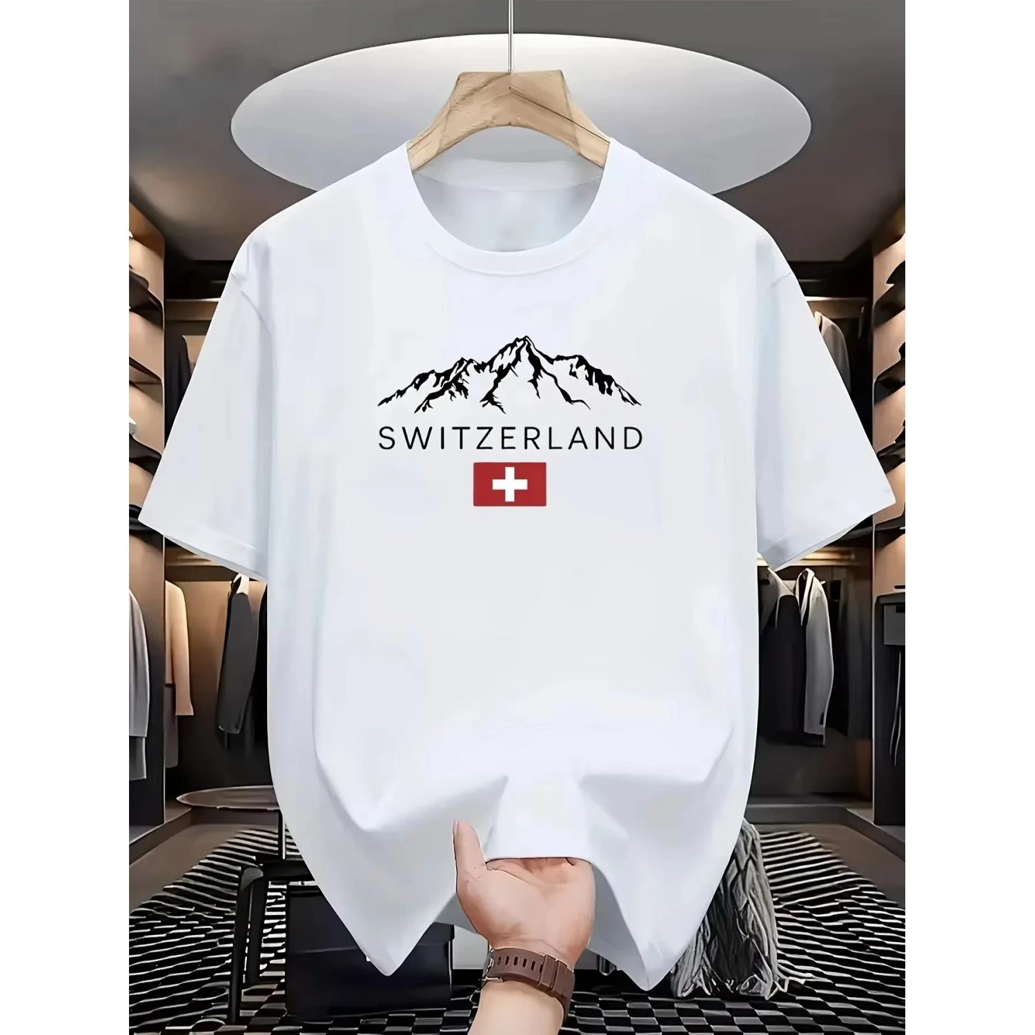 

Men s Summer 100_ Cotton Fashionable Casual Loose Sports Swiss Mountain Pattern Printed Round Neck Short Sleeved 2D T-shirt Top S чёрный