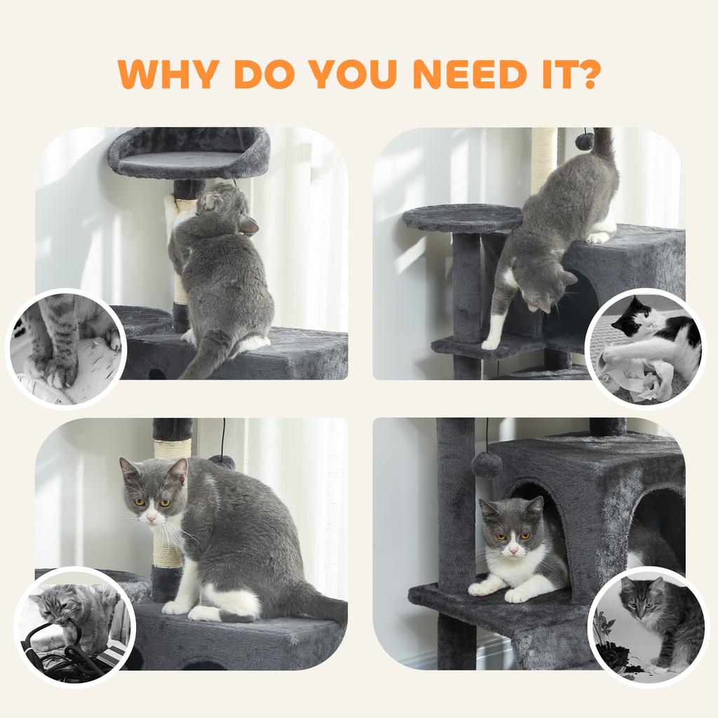 160cm Large Cat Tree Tower with Sisal Scratching Posts, Condos, Plush Perches, Hammock, Ladder, Dark Grey