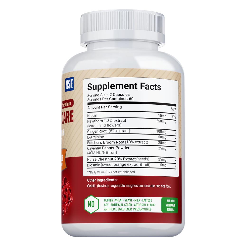 Niacin extract capsules, made with hawthorn berries, L-arginine, vitamins, gluten-free, suitable for adults.