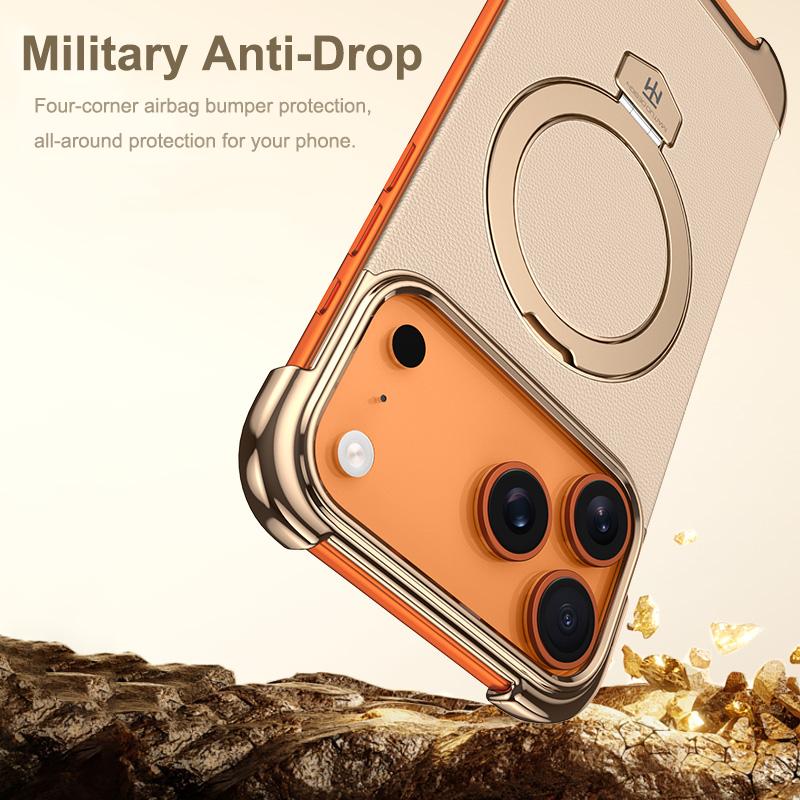 Luxury Leather Ultra Thin Frameless Magnetic Case For iPhone 17 16 15 14 13 Pro Max 17Air 17Pro Metal Bracket Anti-Drop Bumper
