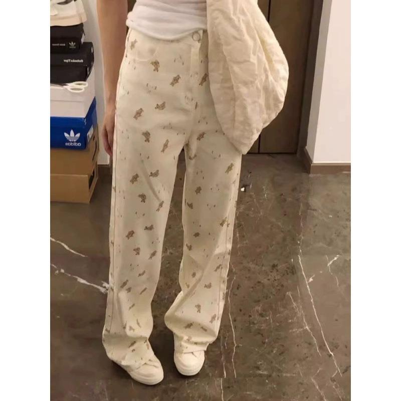 American High Street Bear Floral Jeans Women's New Cartoon Straight Loose Draping Floor-Mopping Wide Legs