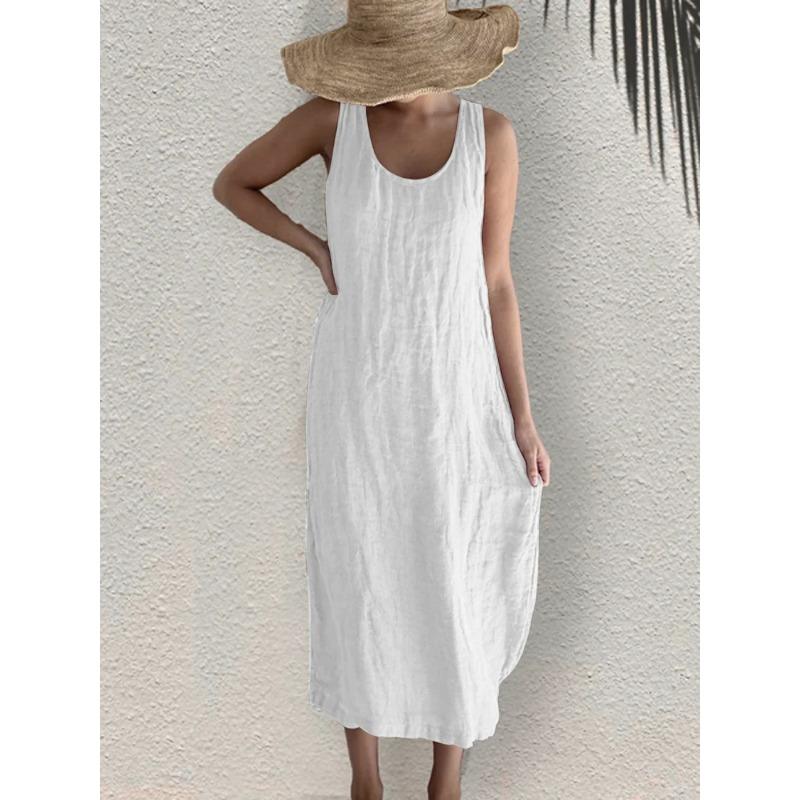 

Новое летнее повседневное свободное платье без рукавов с круглым вырезом из хлопка и льна, женские карманы S белый