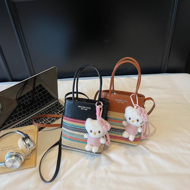 Color Contrasting Stripes Cute Bucket Bag 2025 Summer New Trend Niche Single Shoulder Braided Splicing Messenger Women's Bag