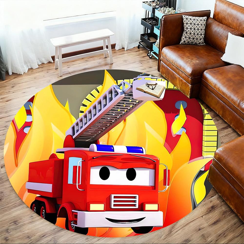 1pc Fire Truck, Flames Round Chair mat Area Rug - Non-Slip, Floor Mat for Office, Bedroom, Ideal home decor Christmas Gift p0811461