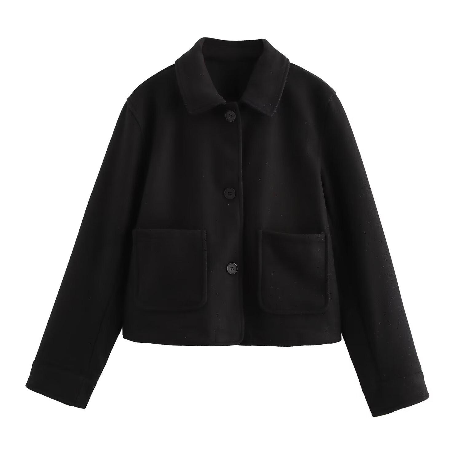 

2024 Осень/Зима Европейская и Американская Женская Мягкая Куртка с Лацканами и Карманом Small чёрный