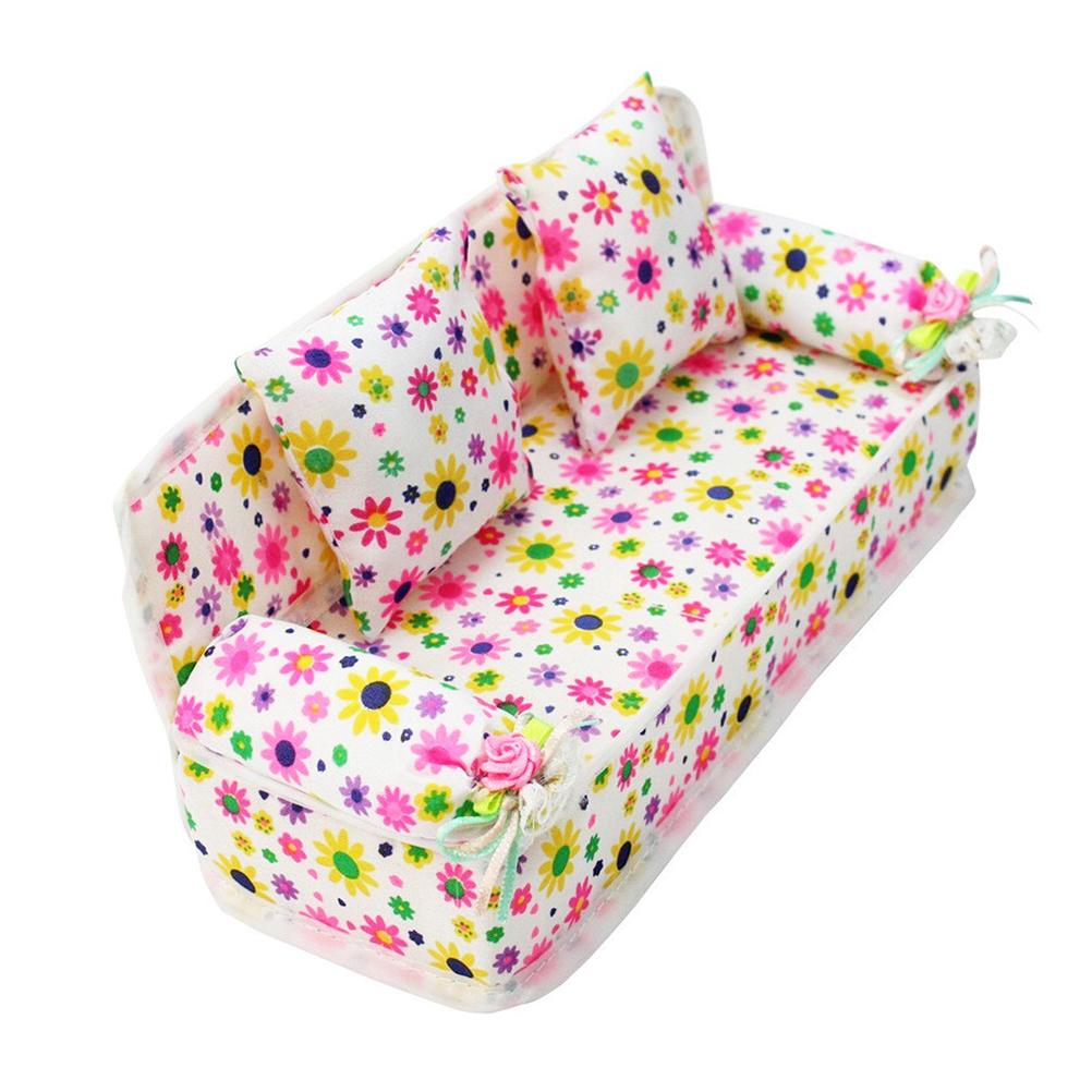 Kinder Miniatur Blumensofa Mini Stoff Blumendrucke Sofa mit Kissen Spielzeug Puppenhaus Möbel Spielzeug