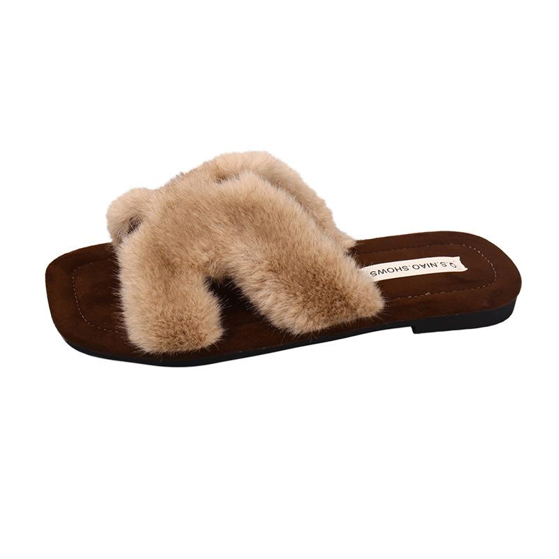 Retro leopard print square head fluffy shoes for women's outer wear 2025 autumn new fluffy lazy shoes crossed with cotton slippers