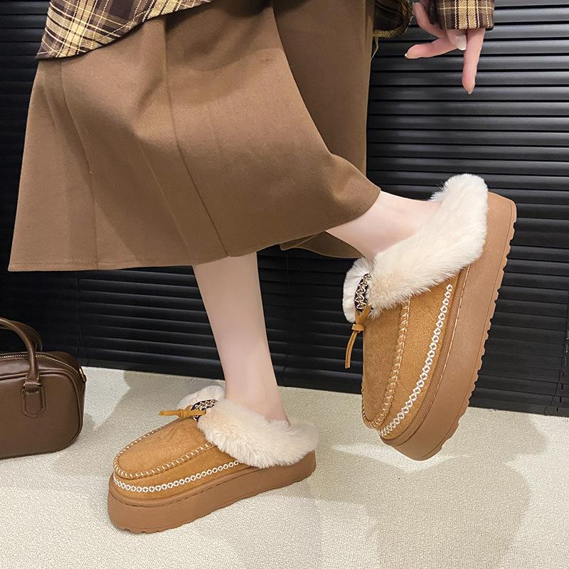 Women's Fur Mouth Large Size Thickened Winter Warm Fur One Snow Boots Thickened Lined Ankle Boots Non-slip Hiking Sports Cotton Slippers