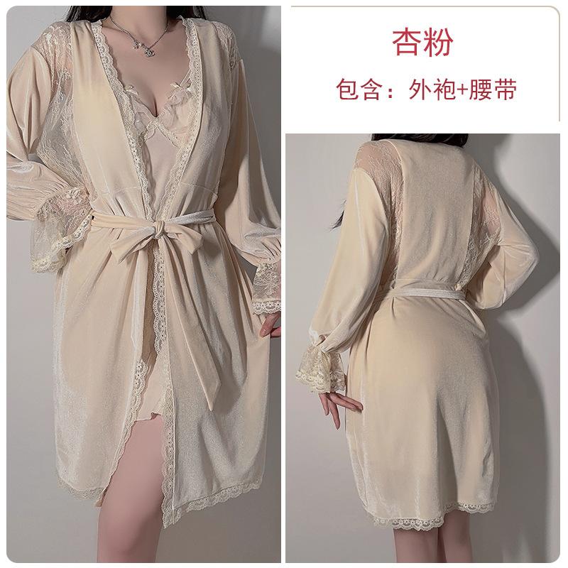 Women's French Velvet Lace Push Up Removable Pads Sleep Dress with Robe Lounge Set