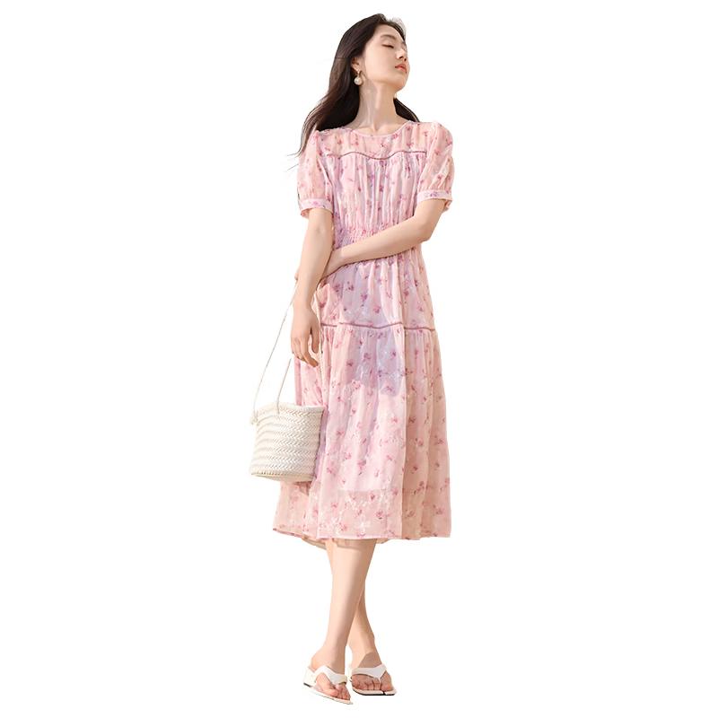 Xiangying Women s Floral Puff Sleeve A-Line Dress S
