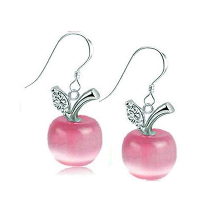 Korean Cat's Eye Stone Apple Christmas Earrings: White Gold Plated Women's Dangle Studs