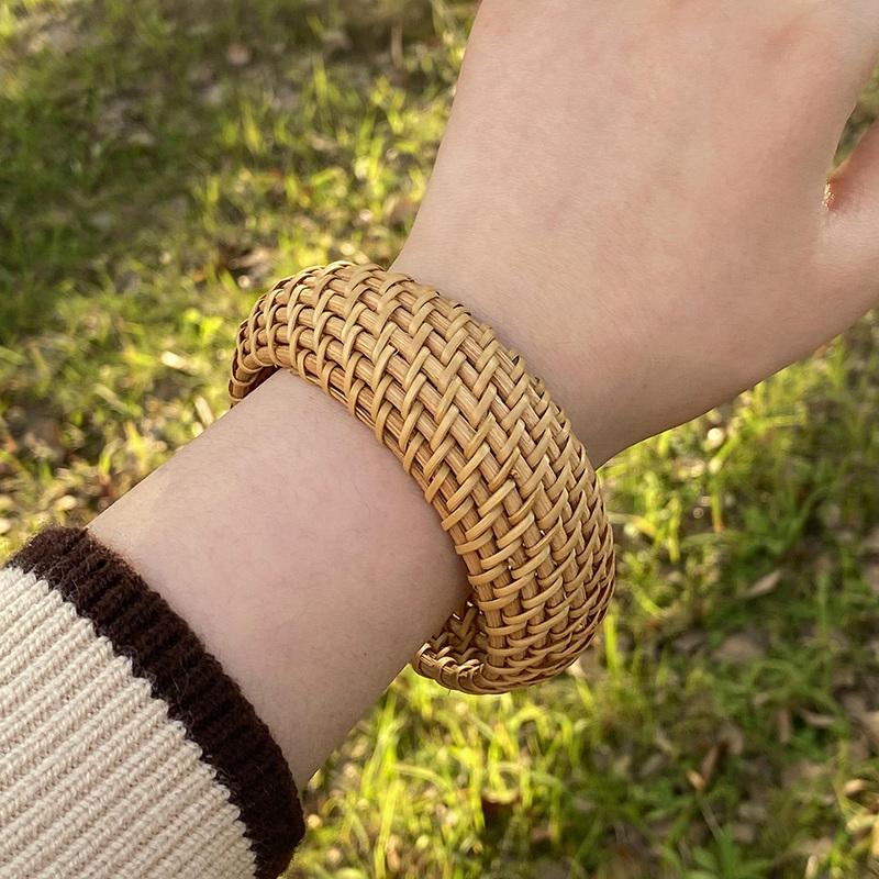 ALLYES Boho Wood Bamboo Rattan Weave Bracelet for Women Beach Jewelry Vintage Handmade Wide Wrap Wrist Bracelets & Bangles Gifts