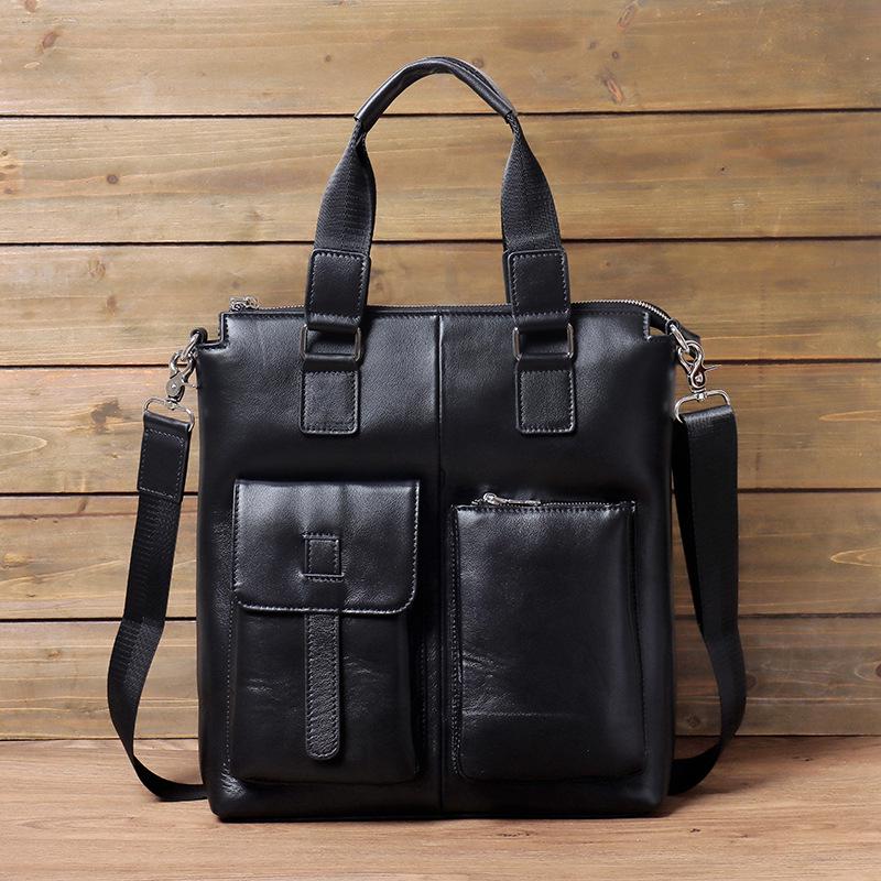 Men's Genuine Leather Vertical Business Briefcase - Top Layer Cowhide Computer Tote Bag