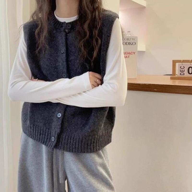 Dámská pletená vesta bez rukávů s kulatým výstřihem a jednořadým zapínáním, jarní podzimní, korejský styl, elegantní šedá vesta svrchní oděv