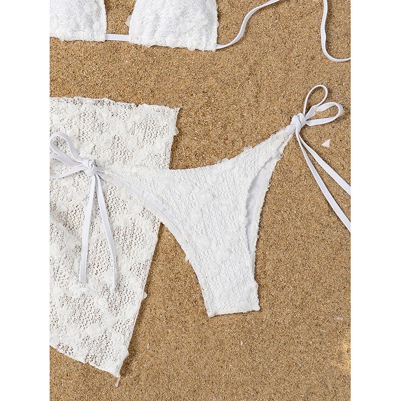 Solid Color Mesh 3 Pieces Bikini Set with Skrit Swimwear Women Sexy Halter Swimsuit Beach Bathing Suit