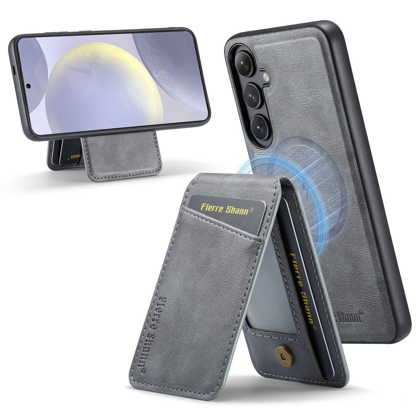 

025 Style For Samsung Galaxy S24+ Kickstand Case Card Holder PU+TPU Phone Cover Grey