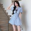 (Skirt + Shorts) College Style Suit, Long Blue Striped Shirt, Dress, High Waist Shorts, Two-piece Set