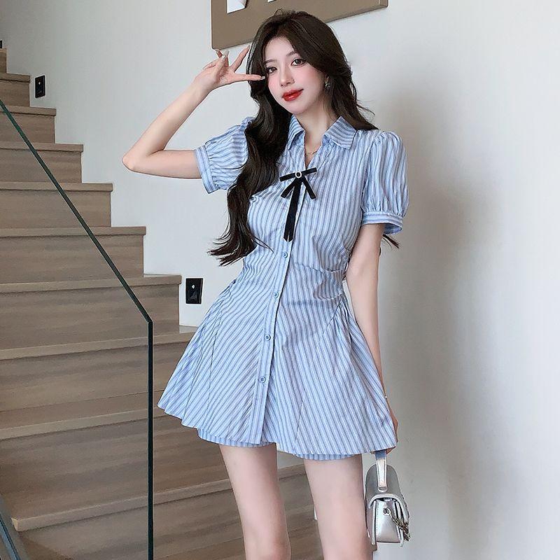 (Skirt + Shorts) College Style Suit, Long Blue Striped Shirt, Dress, High Waist Shorts, Two-piece Set