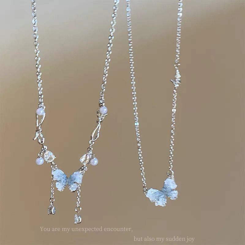 Ice Crystal Gradual Change Color Pearl Butterfly Fringed Necklace Women's Summer Exquisite High Sense Collarbone Chain Sweet Cool Babe Necklace