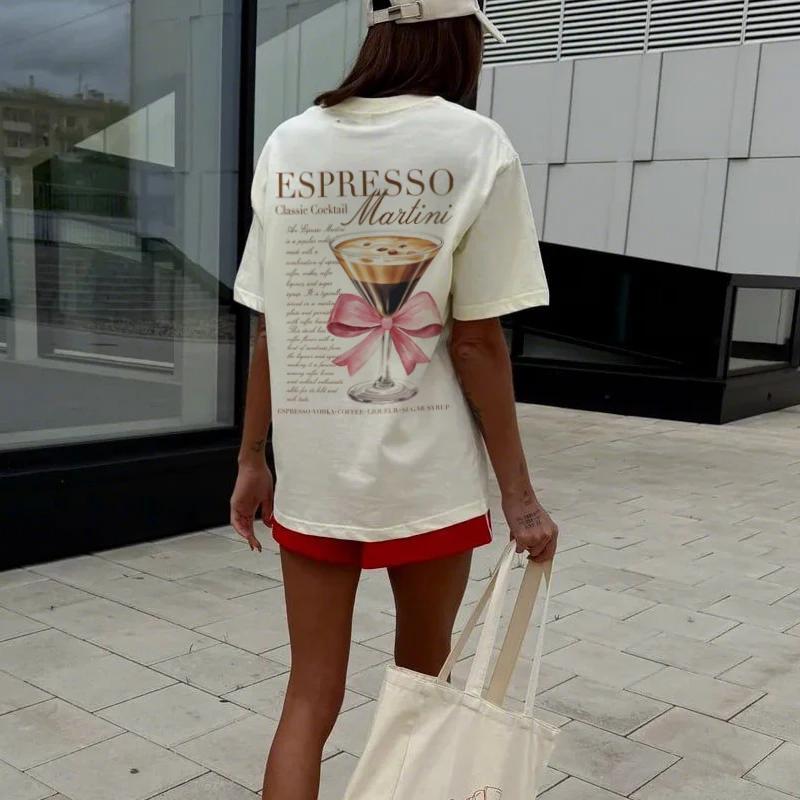

Vintage Espresso Martini T Shirt Cute Coquette Bow Graphic Tees Aesthetic Cocktail Lover Tshirts Womens Fashion Clothing Gifts S