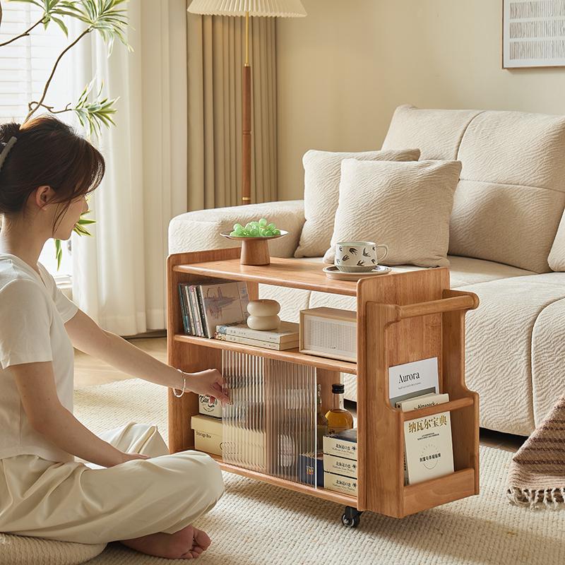 Solid Wood Retro Trolley: Movable Side Table & Snack Cart
