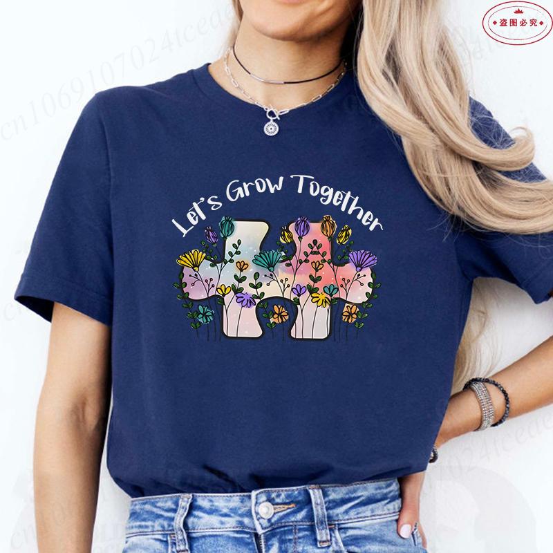 Lets Grow Together Tshirt Women Clothing Puzzle Flower Autism Awareness Graphic Y2k Tops Girl Funny 90s Tees Female Clothes S