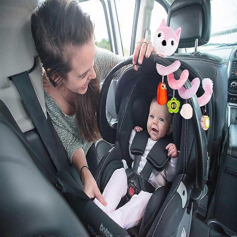Baby Car Seat Toys, Infant Activity Spiral Plush Toys Hanging Stroller Toys for Baby with Musical Sheep Rattles Owl Ladybird with Distorting Mirror - 