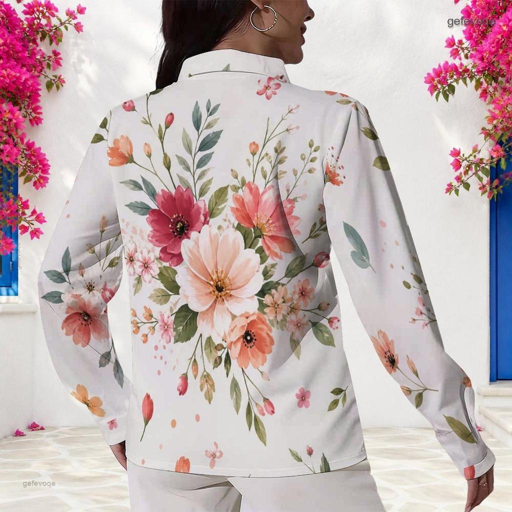 Plus Size Womens Long Sleeve White Collared Button Closure Blouse